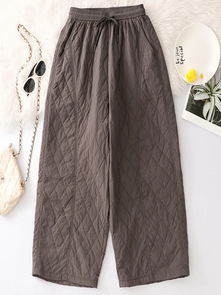 

Faionable Lightweight Cotton Pants for Women Diamond Pattern Casual Warm Wide Leg Long Trousers Winter Outerwear