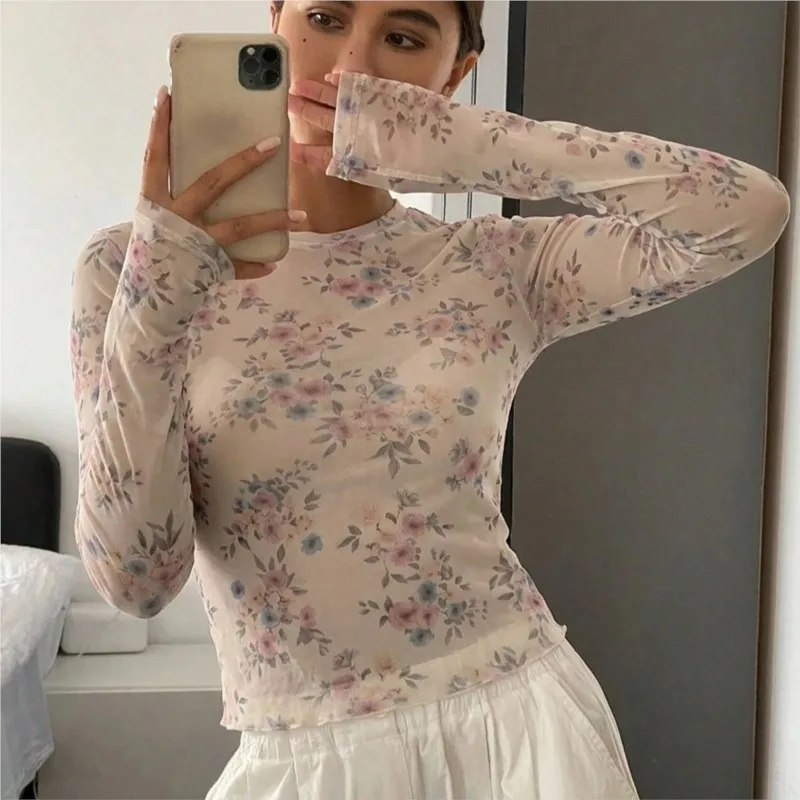 MsChuh Casual Blusas Long Sleeve Tops T Shirt Tees Simple Style All-match Fresh And Sweet Perspective Floral Print Slim Trendy