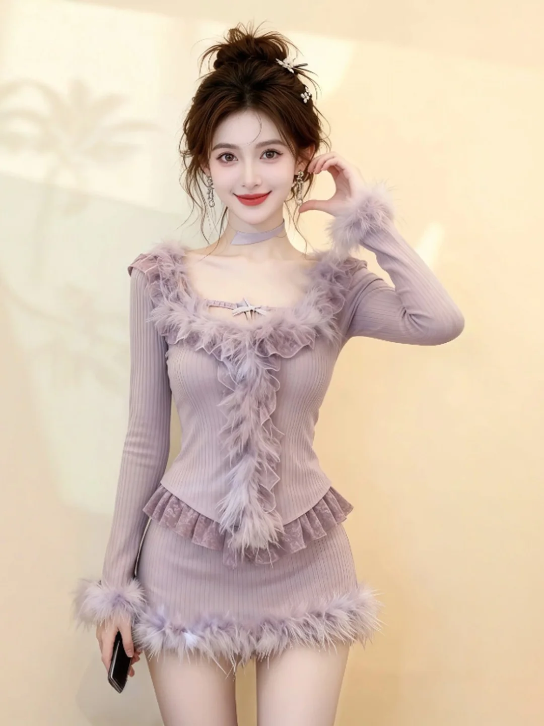 

Фиолетовый комплект из двух предметов: юбка и топ, женский, модный, весенний, комфортный, облегающий, с V-образным вырезом, из смесового хлопка