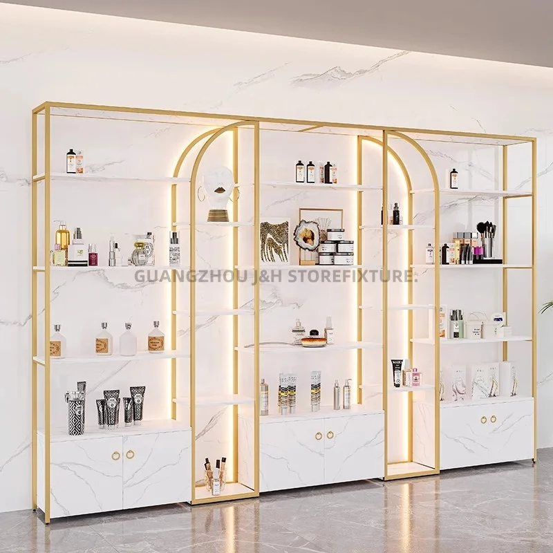 Customized. luxury golden cosmetic display showcase stainless steel Cosmetics makeup stand display retail cosmetic display shelv