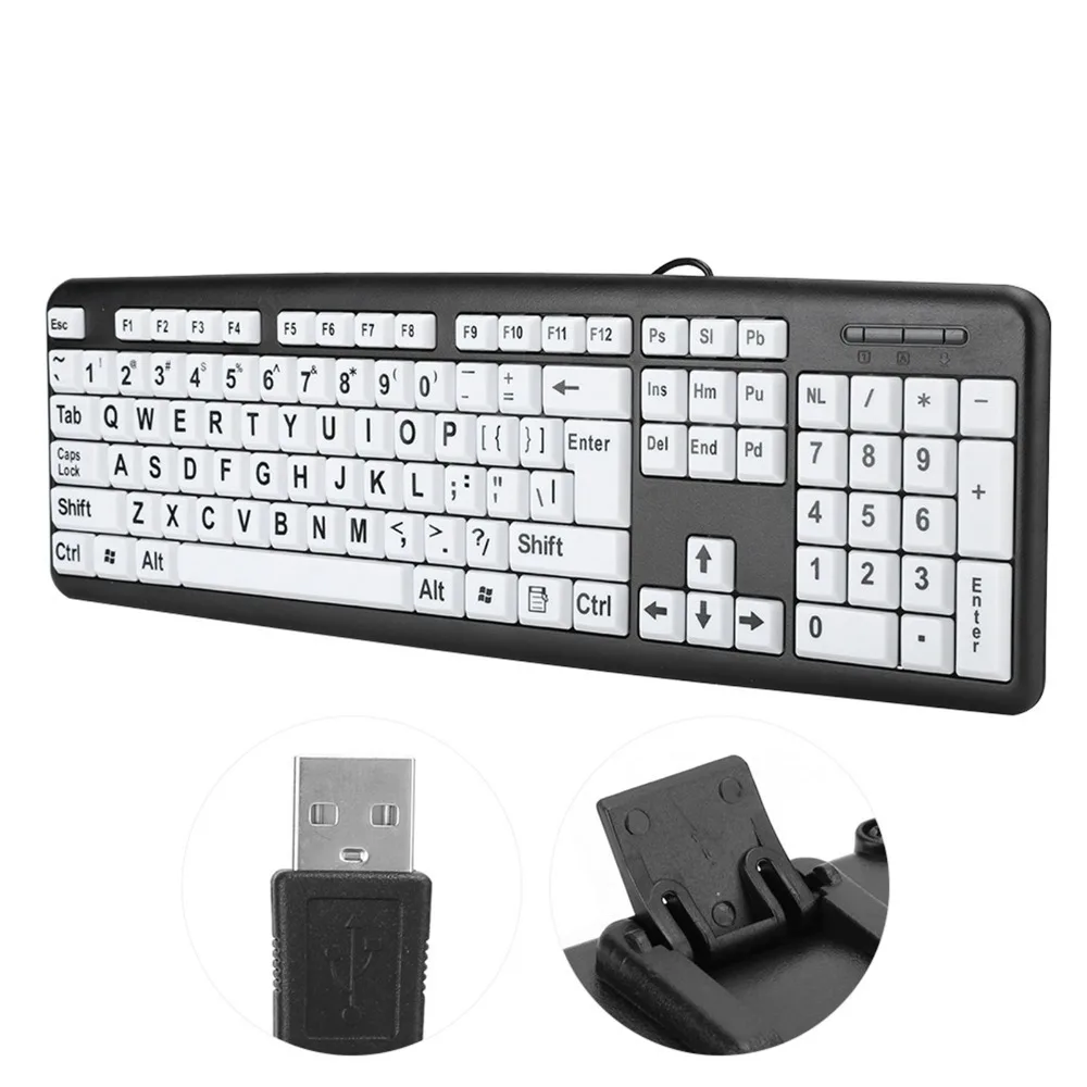 USB Wired Low Vision Keyboard White Keys Large Print Keys Wired Keyboard Black Full Size Layout Old People Keyboard for Elderly