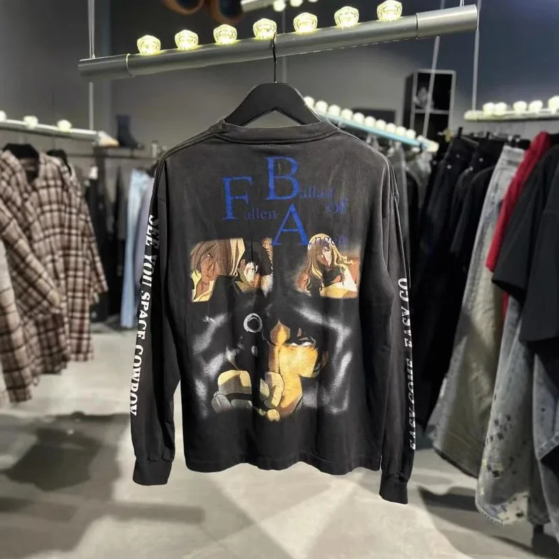 

Повседневная футболка Long Sve, хлопковая уличная одежда, удобный свободный крой, ковбойский дизайн, весенне-летняя коллекция