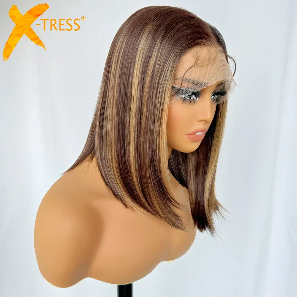 X-TRESS 13x6 Synthetic Lace Frontal Wigs with Baby Hair Short Bob 12inch Straight Highlight lace Wig for Women Fashion Daily Use