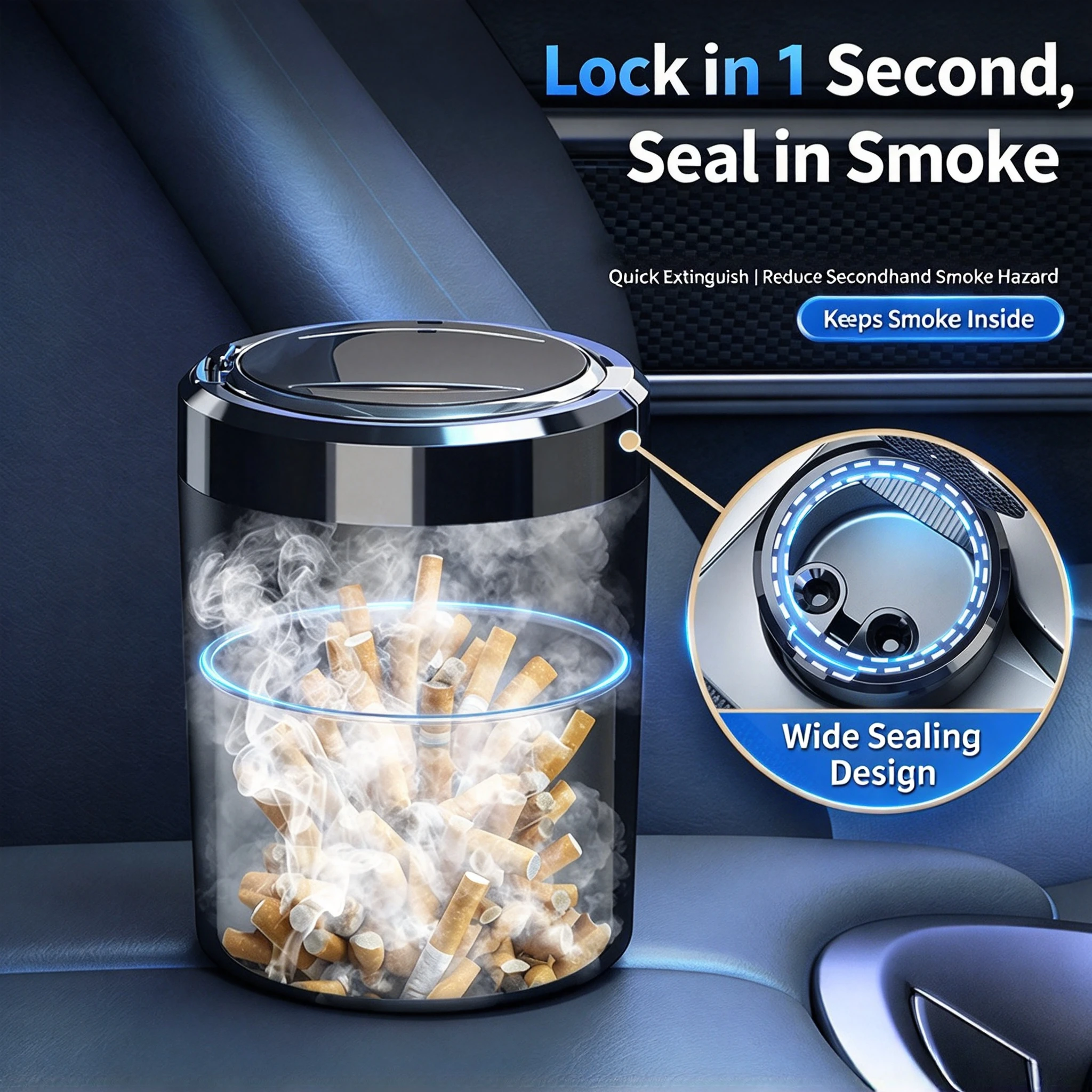 New Car Ashtray with Ceramic Liner, Fireproof Auto Pop-up Lid, LED Light Removable Portable Vehicle Ashtray for Automobile
