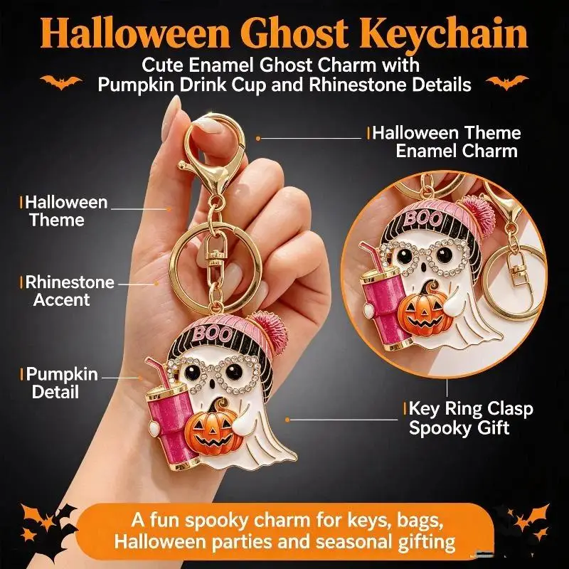 Spooky Halloween Keychain Sparkly Crystal Ghost Pendant Pink Knit Hat Pumpkin Design Backpack Charm Party Gift