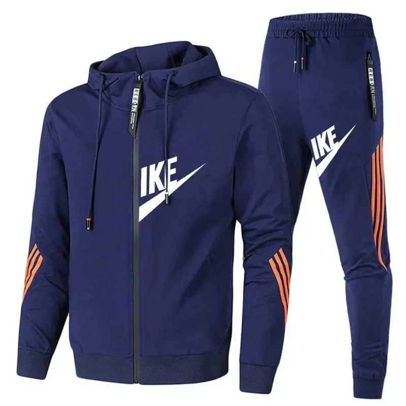 Outdoor sport jogger outfit. Soft knit zip hoodie with side striped print, adjustable hood, elastic waist joggers for training.