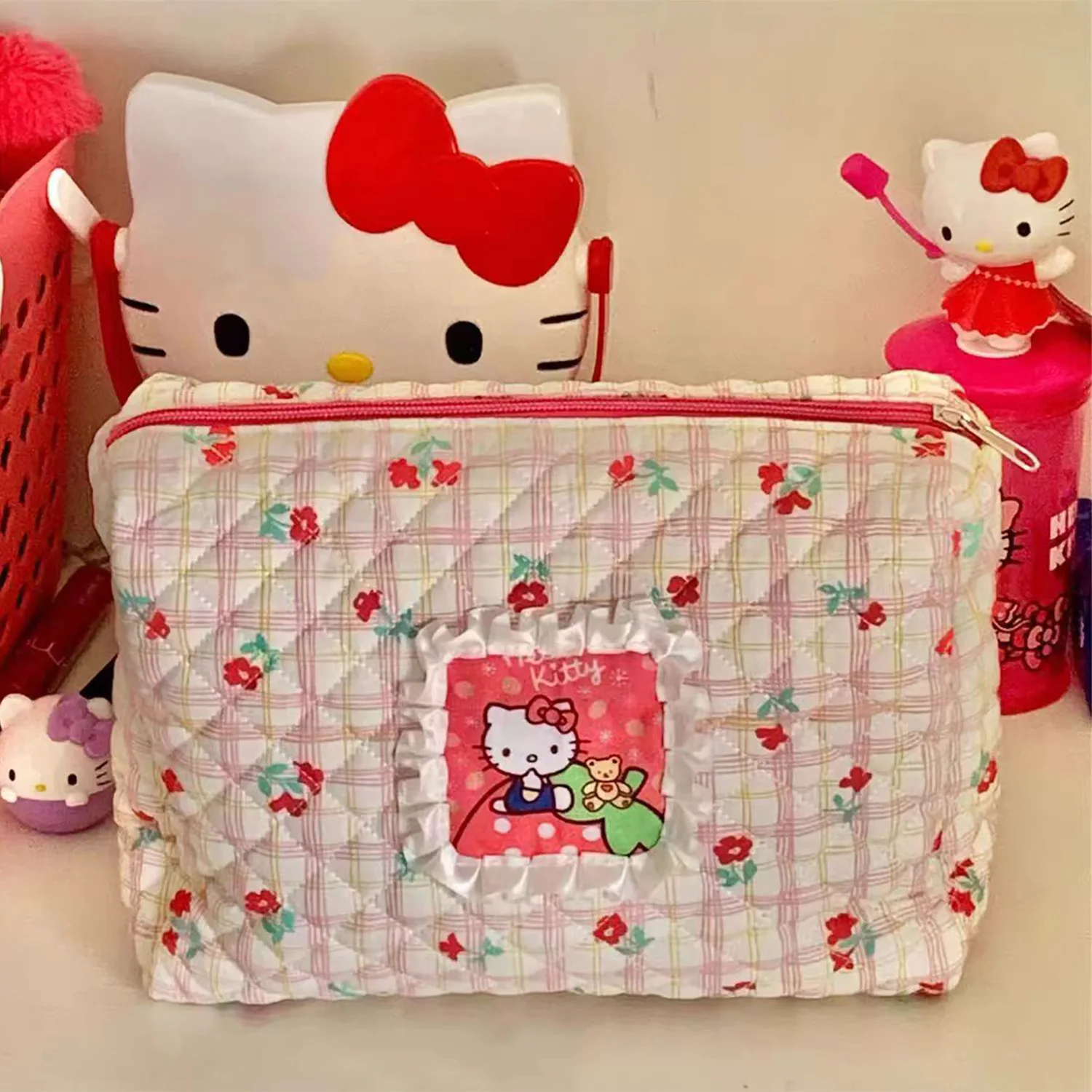 Cartoon Kitty Makeup Bag Cute Student Portable Toilet Storage Bag Quilted Large Capacity Handheld Bag