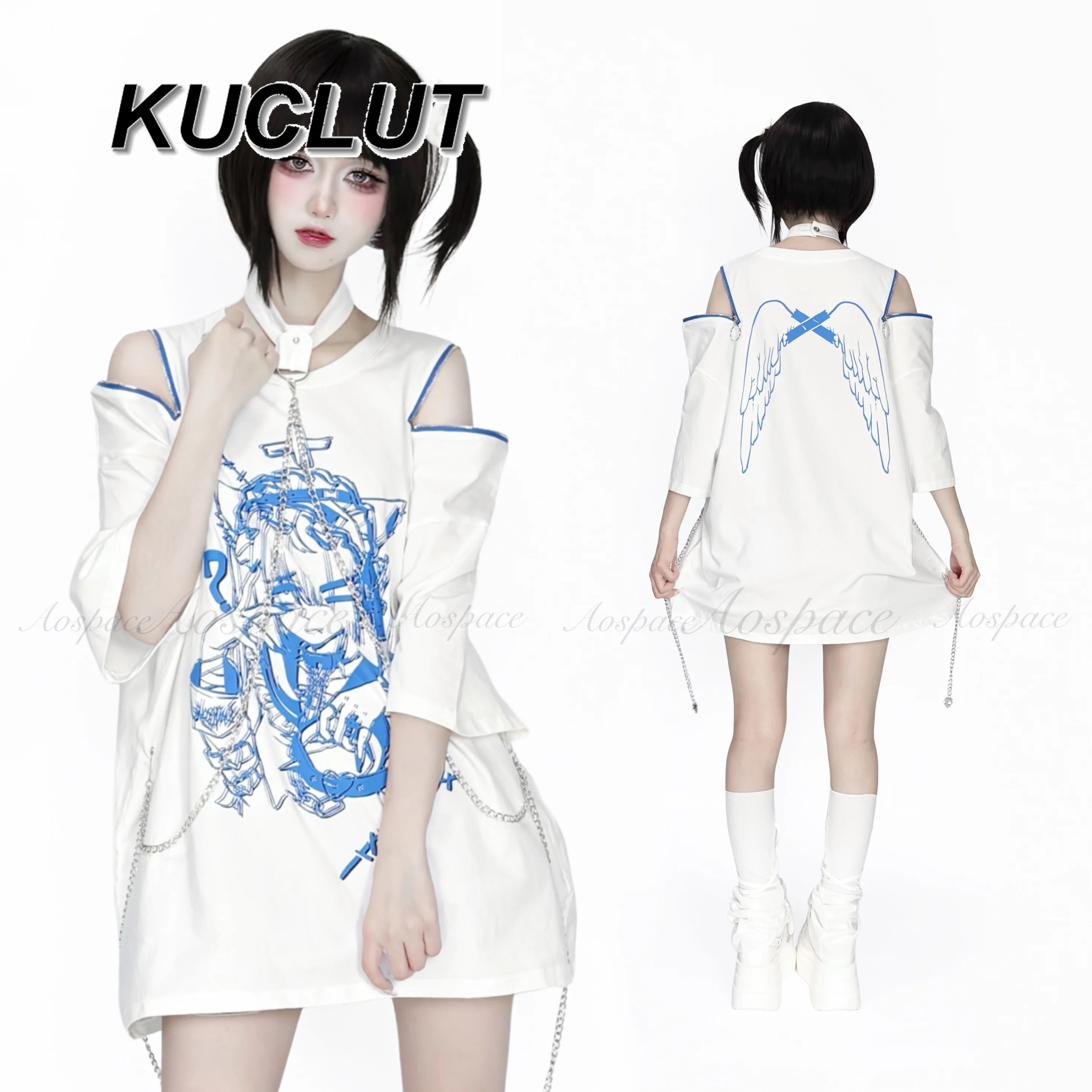 

Casual Loose Tees Japanese Punk Style Subculture Print Halter Neck Off-Shoulder T-Shirt Short Sleeve Tops for Women Summer