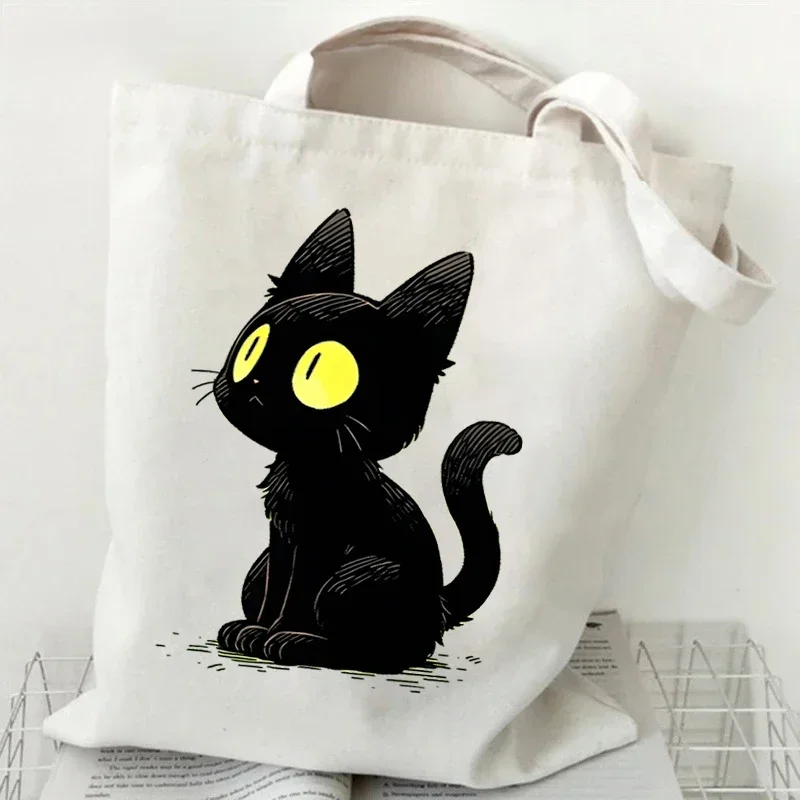 Canvas Tote Bag Anime Black Cat Print Shopping Bag Women Graphic Casual Fashion Teen Handbag Cartoon Kitten Side Bag for Ladies