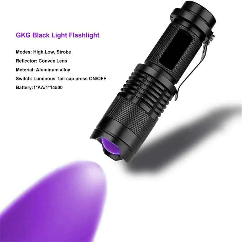 Linterna UV LED ultravioleta con zoom, Mini luces ultravioleta, lámpara de inspección de 395nm, herramientas detectoras de manchas de orina de mascotas