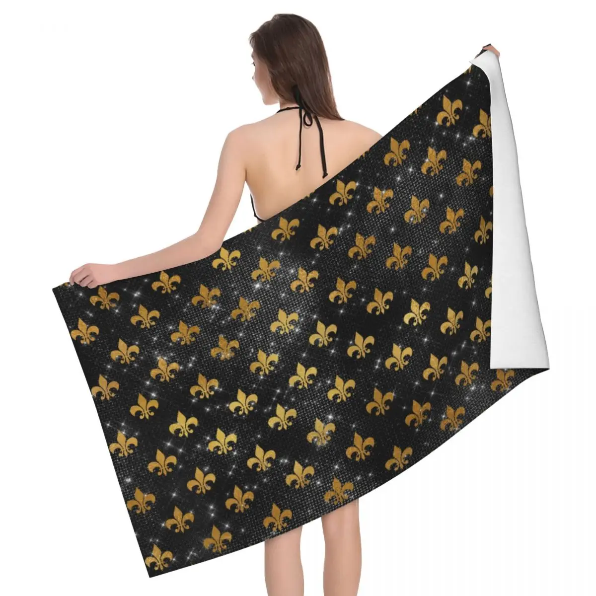 Elegant Black And Gold Fleur De Lis Beach Towel Quick Dry Fleur-De-Lys Lily Floral Soft Linen Microfiber Bath Sauna Towels