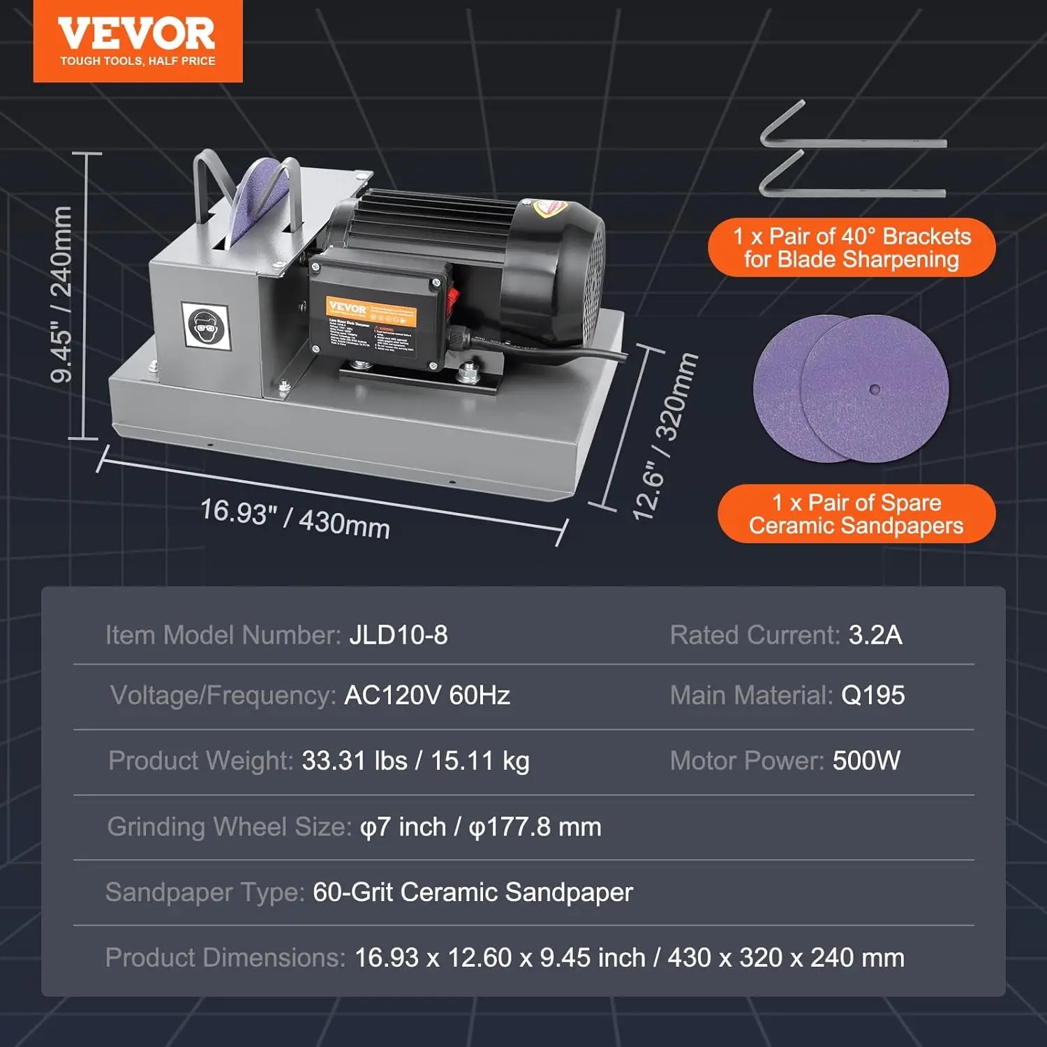 Ostrzałka kosiarka do trawy VEVOR, młynek do kosiarki 2/3HP 500W z 7-calową ceramiczną tarczą