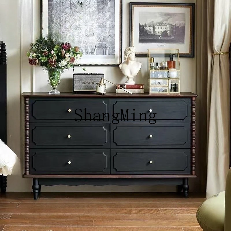 

FG solid wood chest of drawers bedroom storage eight buckets retro living room drawer bedside storage locker