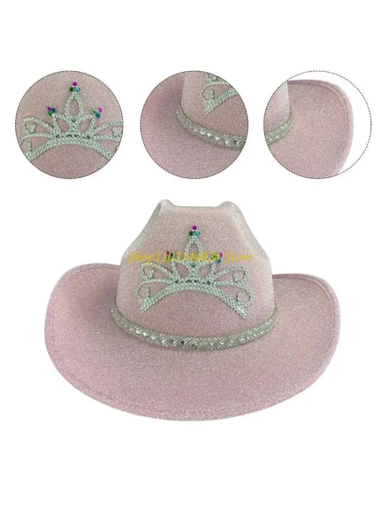 

N5KE Carnivals Sequins Cowboy Hats Woman Cowgirl Hat with Diamond Crown Western Party Cowboy Hats Woman Performances Hat