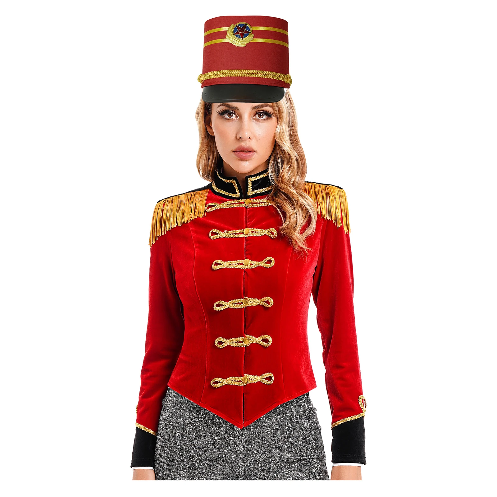 

Adult Women Temperament Jacket Circus Ringmaster Drummer Costume Long Sleeve Coat with Hat for Party Halloween Performance Set