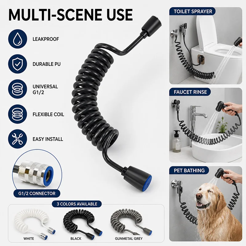 2M Flexible Spring Shower Hose Coiled Stretchable Water Pipe Bathroom Handheld Shower Head Sprayer Universal Connector 3 Colors