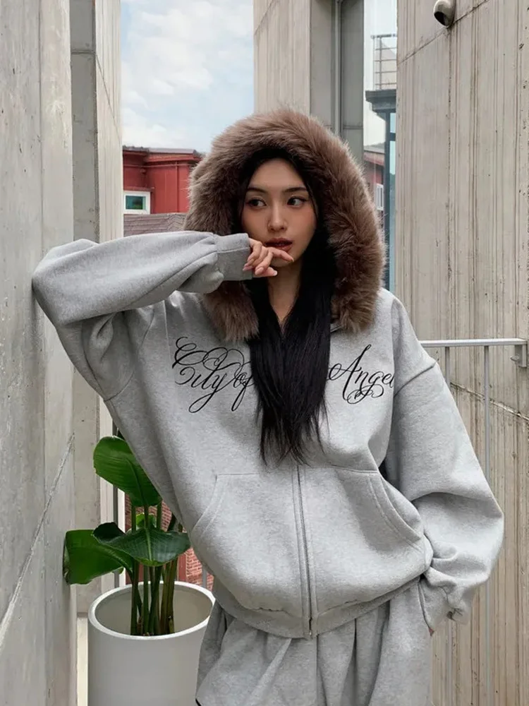 2026 Autumn Winter Y2K Grunge Faux Fur Hood Zip Up Hoodie Letter Embroidery Oversized Long Sleeve Streetwear Sweatshirt view 5