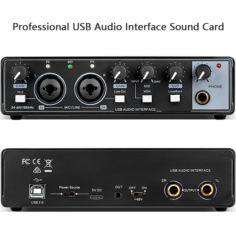 Audio Interface for Recording Portable Professional Sound Card with Loopback Monitor 48V Phantom for Audio Equipment Guitar