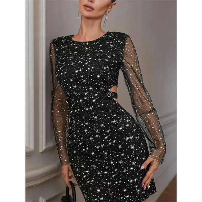 Fashionable Hollow Sparkling Mini Dress Women's Elegant Patchwork Tulle Long Sleeve Dress Feminine Sexy Evening Vest For Women