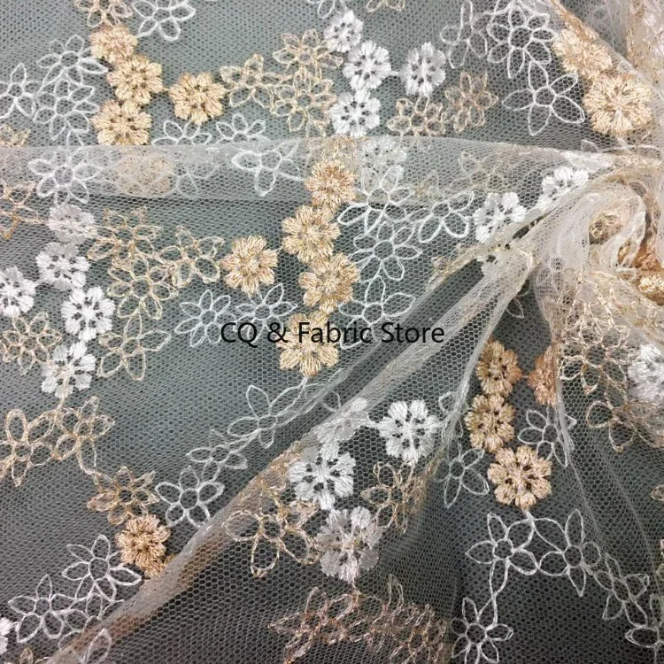 1yard Small Flowers Gold Silk Thread Embroidery Lace Trimming African Lace Fabric For Wedding Nigerian Party Dress Fashion DIY