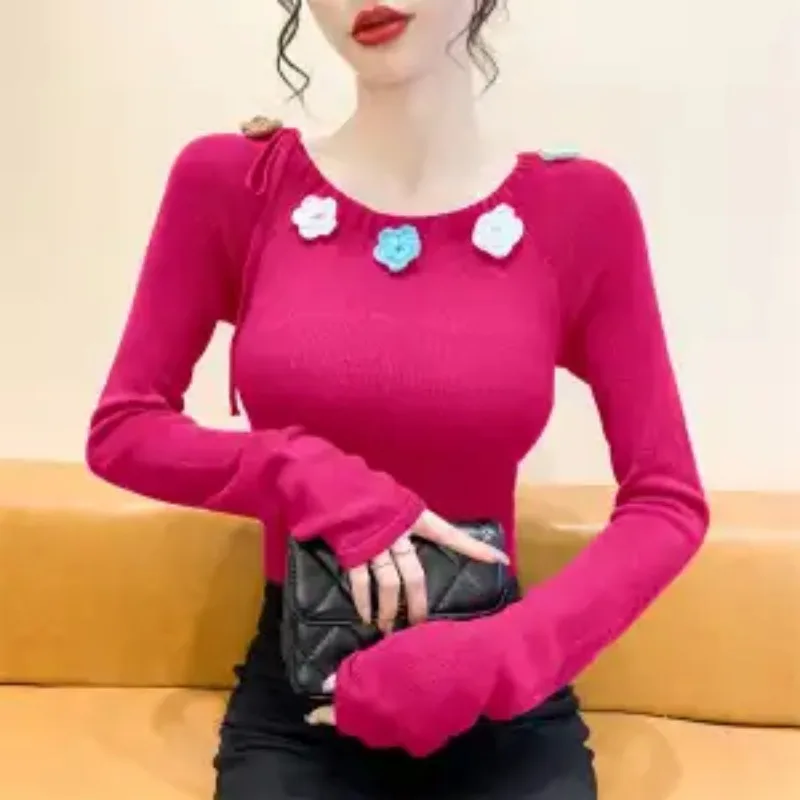 Rose Purple Round Neck Long Sleeve Sweater Top for Women's Autumn New Drawstring Flower Niche Slim Sweater