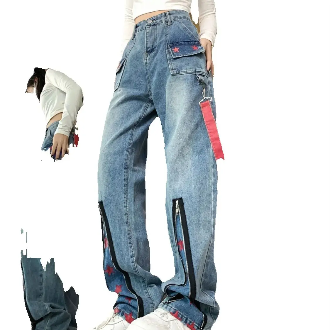 Hip-Hop Straight Retro Zipper Star Design Touch Tooling Jeans Women Spring Autumn New Dopamine High Street Wide-Leg Pants