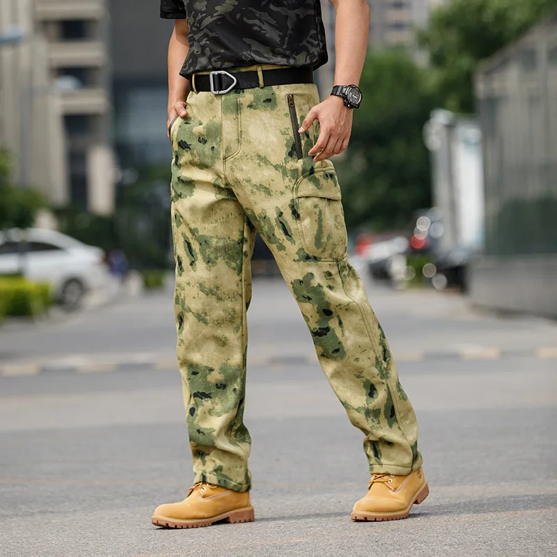 Winter Plus Fleece Outdoor Camping Cargo Broek Mannen Meerdere Zakken Losse Tactische Broek Dikker Militaire Camouflage Broek Man