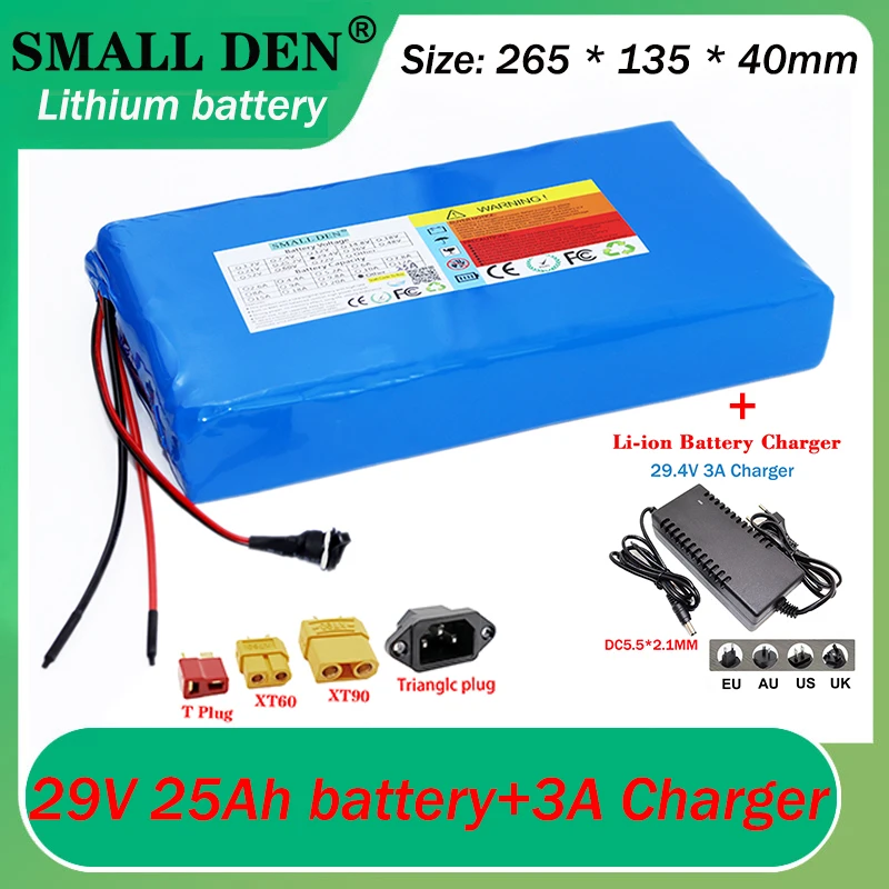 

29V 25Ah 7S8P 18650 lithium battery pack 25000mAh 800W motor with 30A BMS 29.4V battery+3A charging