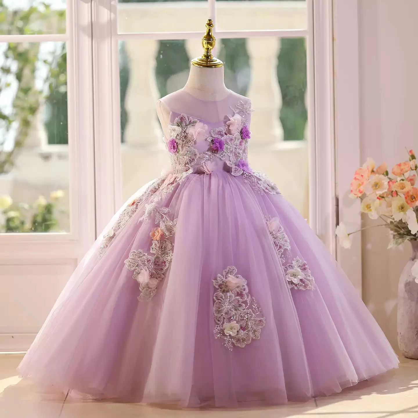KLFLGD Elegant girl long skirt tulle embroidered sequins high-end party evening dress girl piano performance evening dress