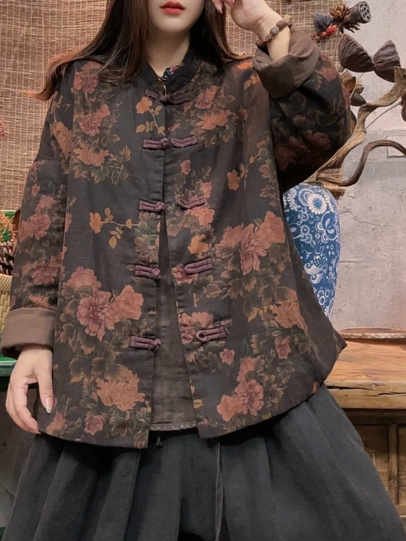 

New Chinese Sle Button Cotton Jaet for ly Women Autumn Winter New Arrival Comfortable Loose Fit Printed Long Sve