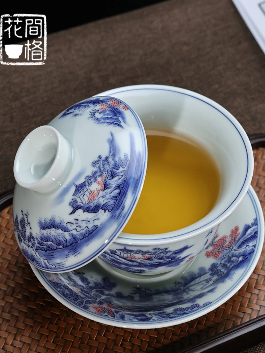 Jingdezhen Ceramic Blue and White Landscape Glazed Red Tureen Chinese Household Personal Exclusive Tea Cup High-End Gift