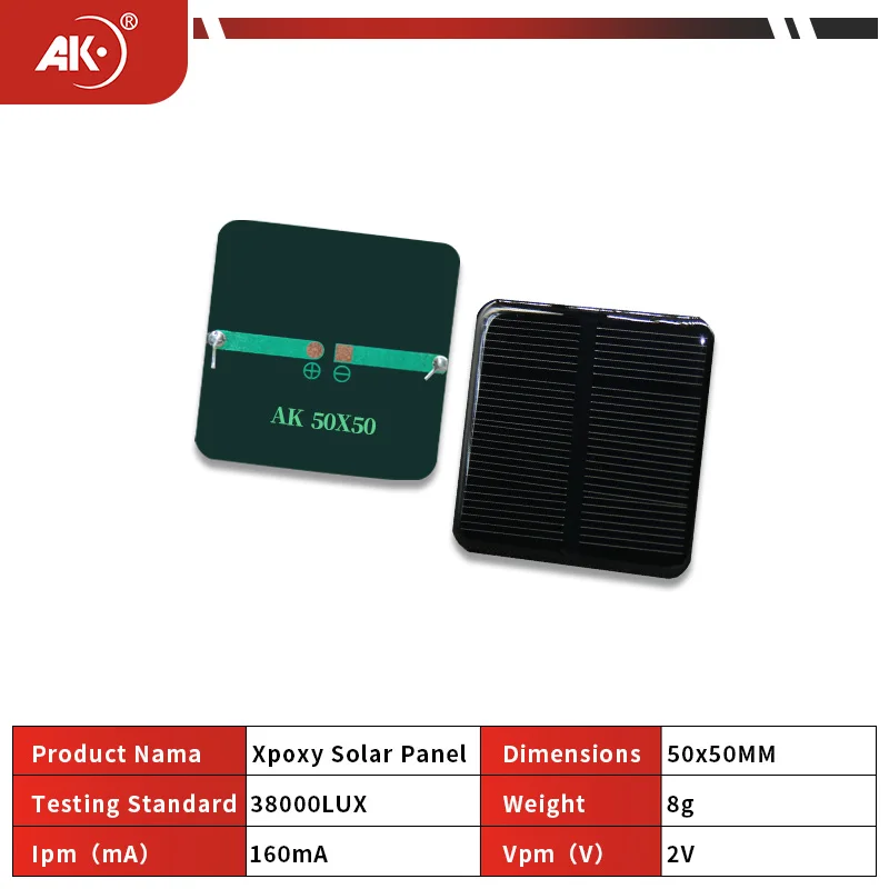 AK Solar Panel 50x50mm 2V 160MA Micro Solar Board Portable Fast Charger Polysilicon DIY Solar Cells System Mini Outdoor Battery