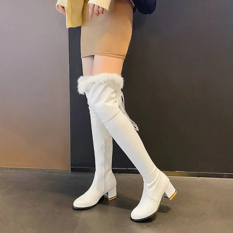 REAVE CAT Fashion Lady Thigh Boots 54cm Round Toe Block Heels 6cm Plush Shoes Ribbon Sexy Party Big Size 45 46 47 48