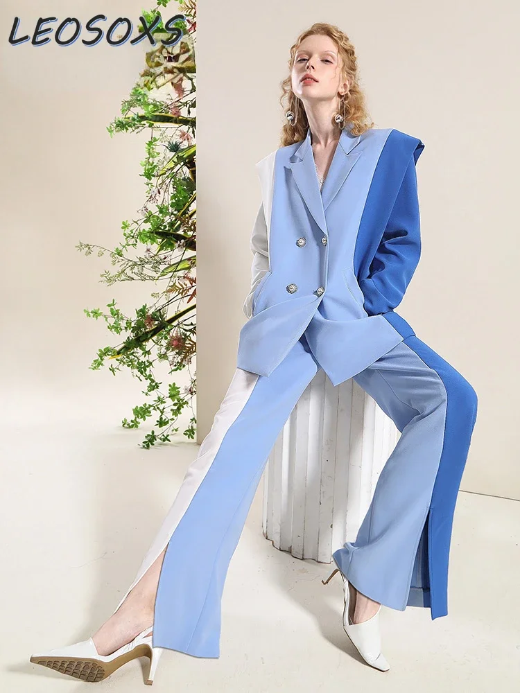 Women\'s Blue and White Blazer Suit Elegant Jacket Autumn New High Quality Business Top and Trousers Womens Two Peice Sets