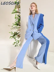 Women's Blue and White Blazer Suit Elegant Jacket Autumn New High Quality Business Top and Trousers Womens Two Peice Sets