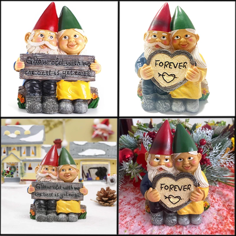 1PC Gnome Couple Love Figurine Dwarf Heart-Shaped Forever Gnome Statue Resin Ornament for Home Office Desk Garden Decor