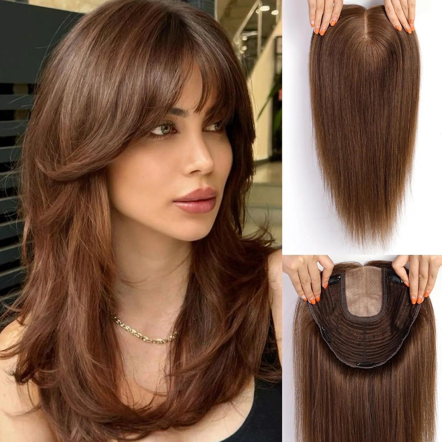 9x9inch Large Base Hair Pieces Dark Brown Human Hair Toppers 16 inch Toppers for Women with Multiple Non-slip Clips