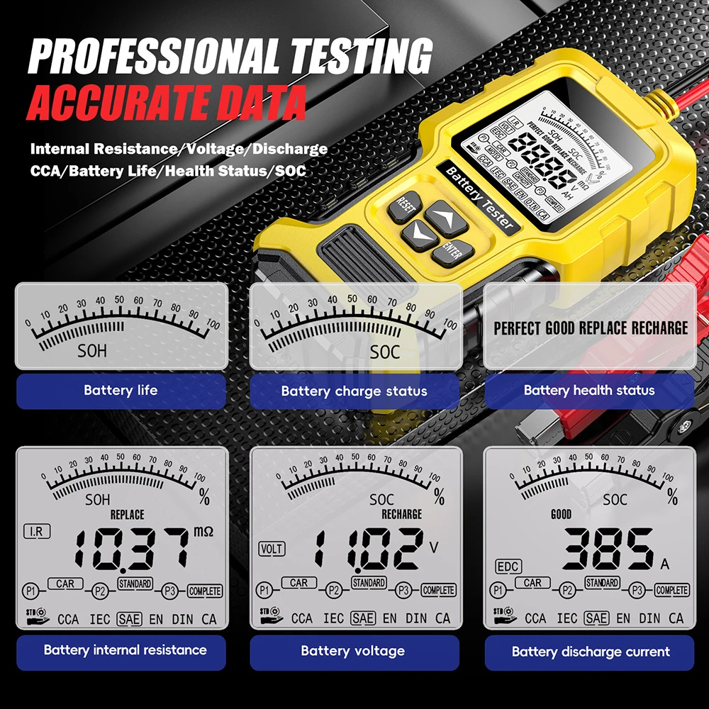 FOXSUR Car Battery Tester for 12V 24Volt Motorcycle Automotive AGM Gel Battery Analyzer SOH SOC CCA IR Capacity Diagnosis Tools