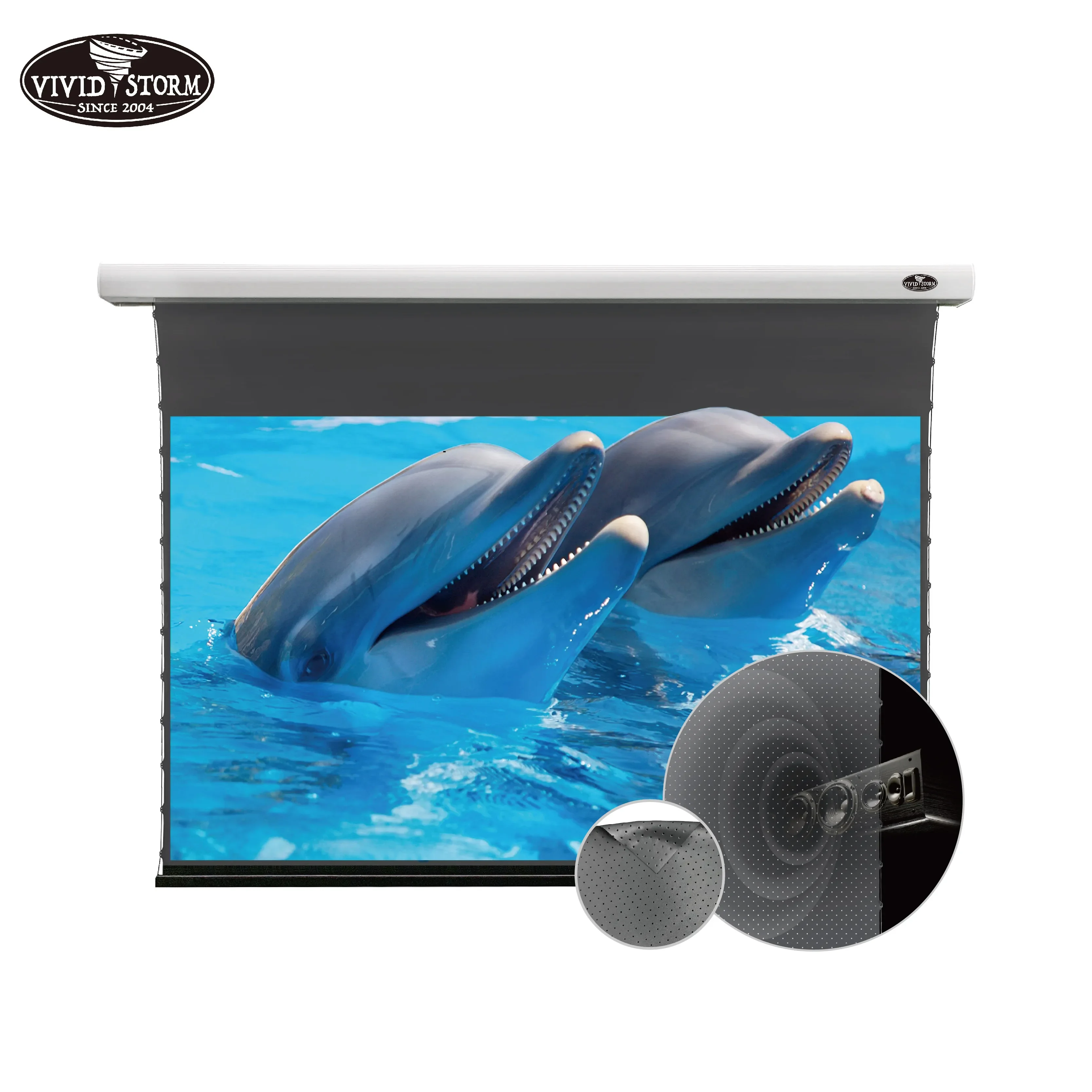 

VIVIDSTORM 84–150 дюймов Slimline Электрический натяжной вкладку, обсидиан, длинный ход, звук, перфорированный, акустически, прозрачный