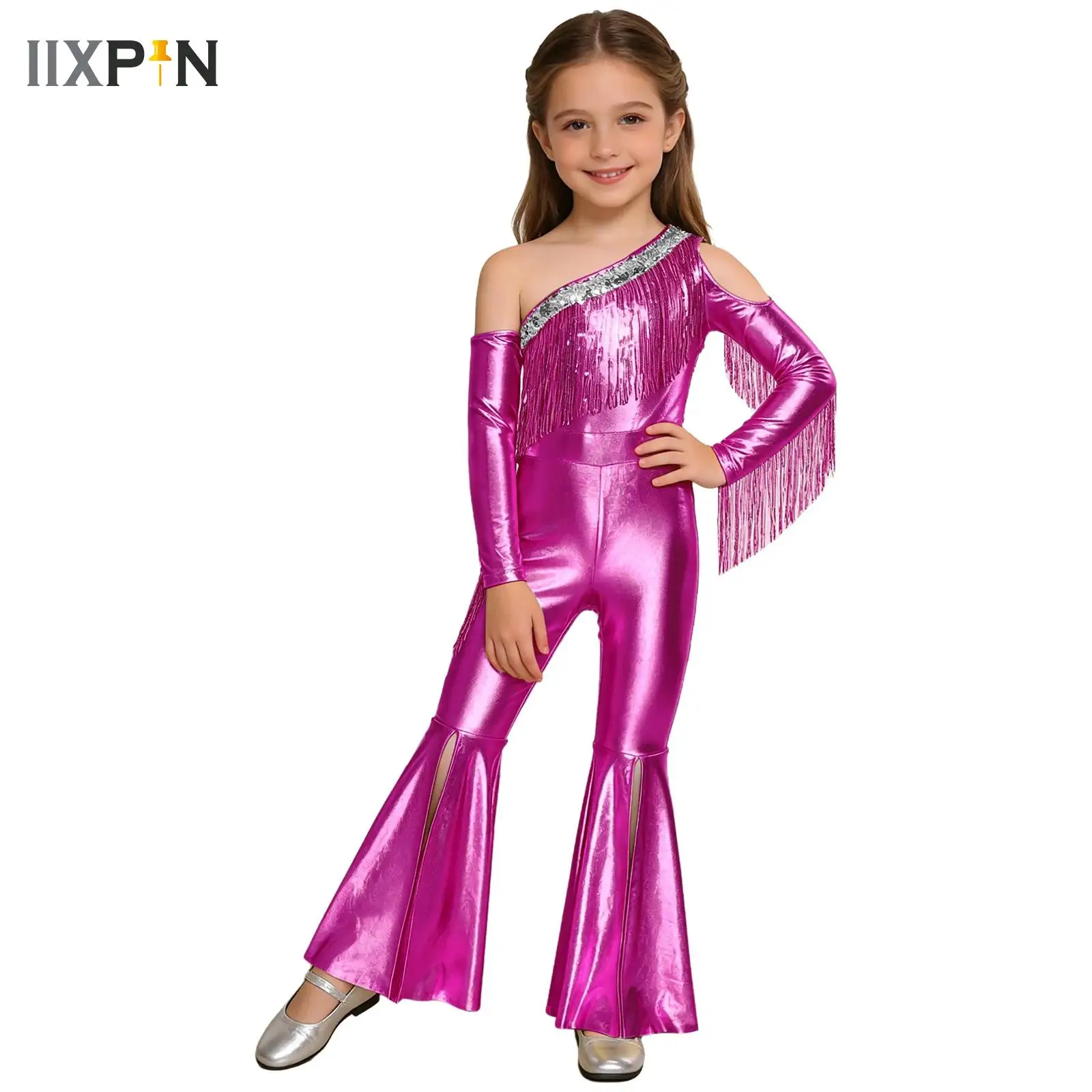 

Kids Girls Metallic 70S Disco Vintage Hippie Costume for Long Sleeve Sequin Tassel Slit Bell Bottom Legs Jumpsuit Jazz Dancewear