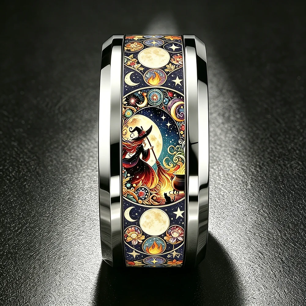 SUNFLOWERZHU 8MM Halloween Witch Stainless Steel Ring Unique Non-fading Wedding Band Engagement Polished Double Beveled Ring