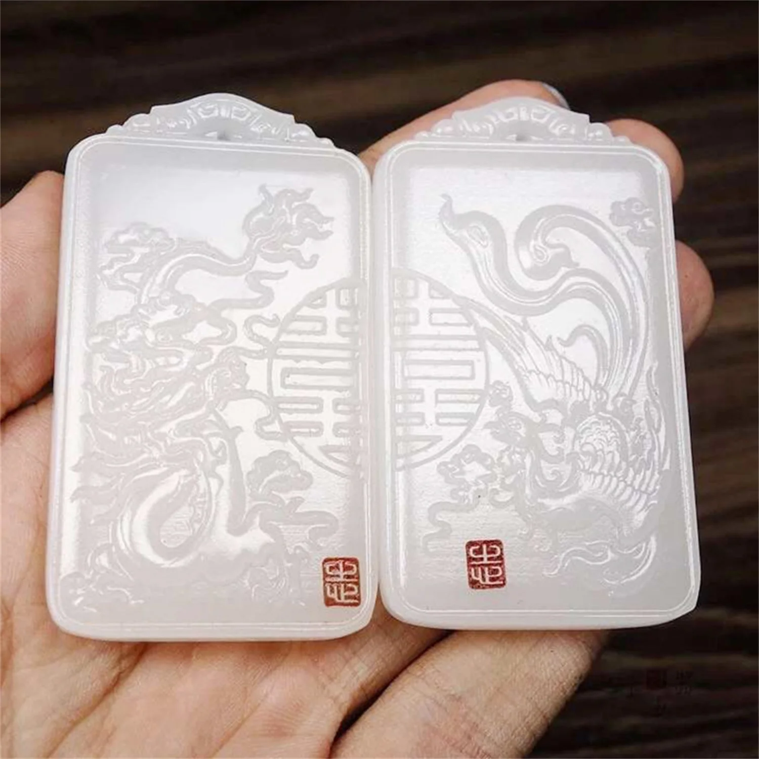 Natural Afghan White Jade Couple Pendant Necklace Set Dragon Phoenix Double Happiness Hand Carved Square Plaque Antique Style
