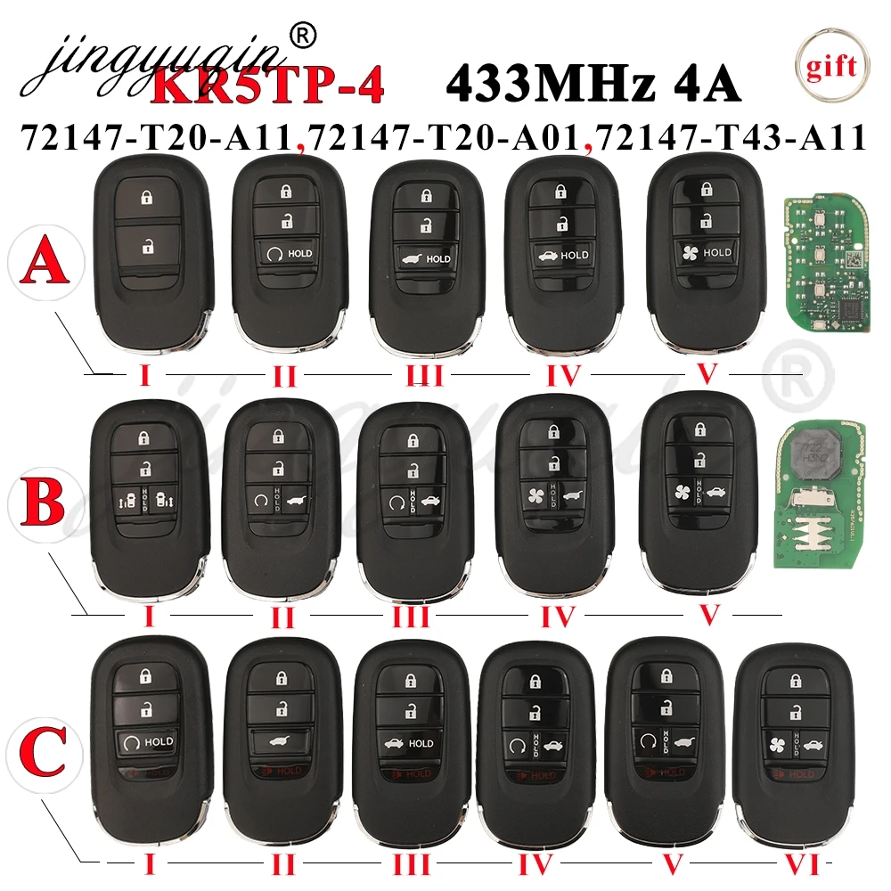 

jingyuqin KR5TP-4 Smart Remote Car Key Fob for Honda Accord Pilot HR-V CR-V Civic 2022 2023 2024 2025 Odssey 2026 433MHz 4A Chip