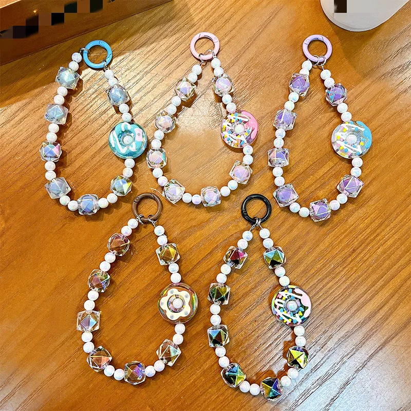 Candy Color Cartoon Donut Beaded Phone Lanyard Anti-lost Mobile Phone Pendant Wrist Strap Rope Chain Cell Phone Accessories