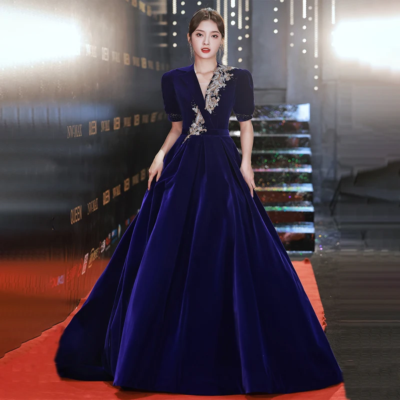 

It's Yiiya Evening Dress Blue Velour Appliques Deep V-Neck Floor Length A-Line Short Sleeves Plus size Woman Party Gowns XC072