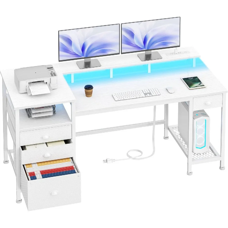 

White Office Computer Desk with 4 Drawers,Gaming Desk with LED Lights and Power Outlets,Long Desk with Fabric File Cabinet