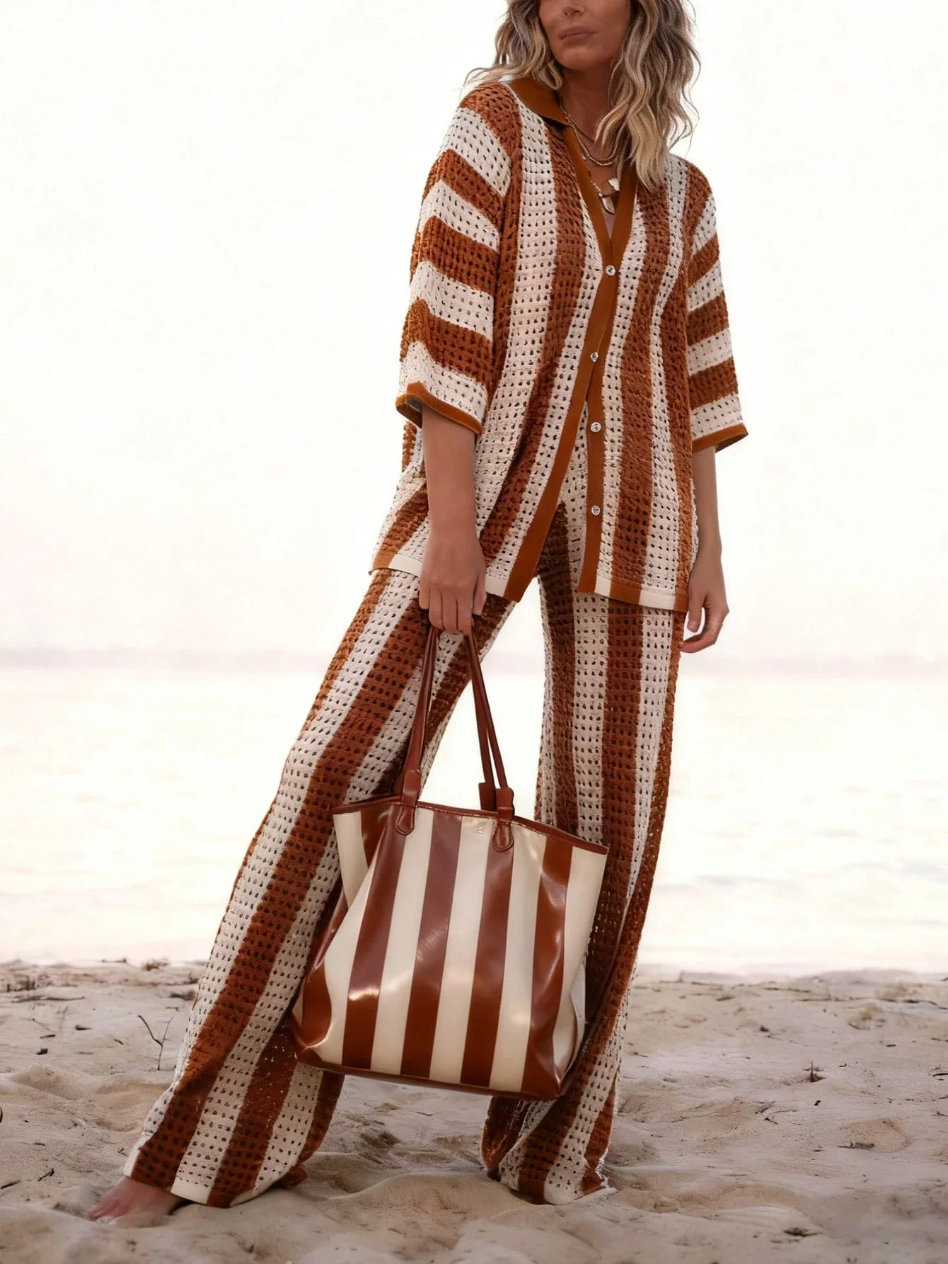 

Полосатый вязаный кардиган оверсайз и брюки: комплект из 2 предметов для повседневного пляжного отдыха