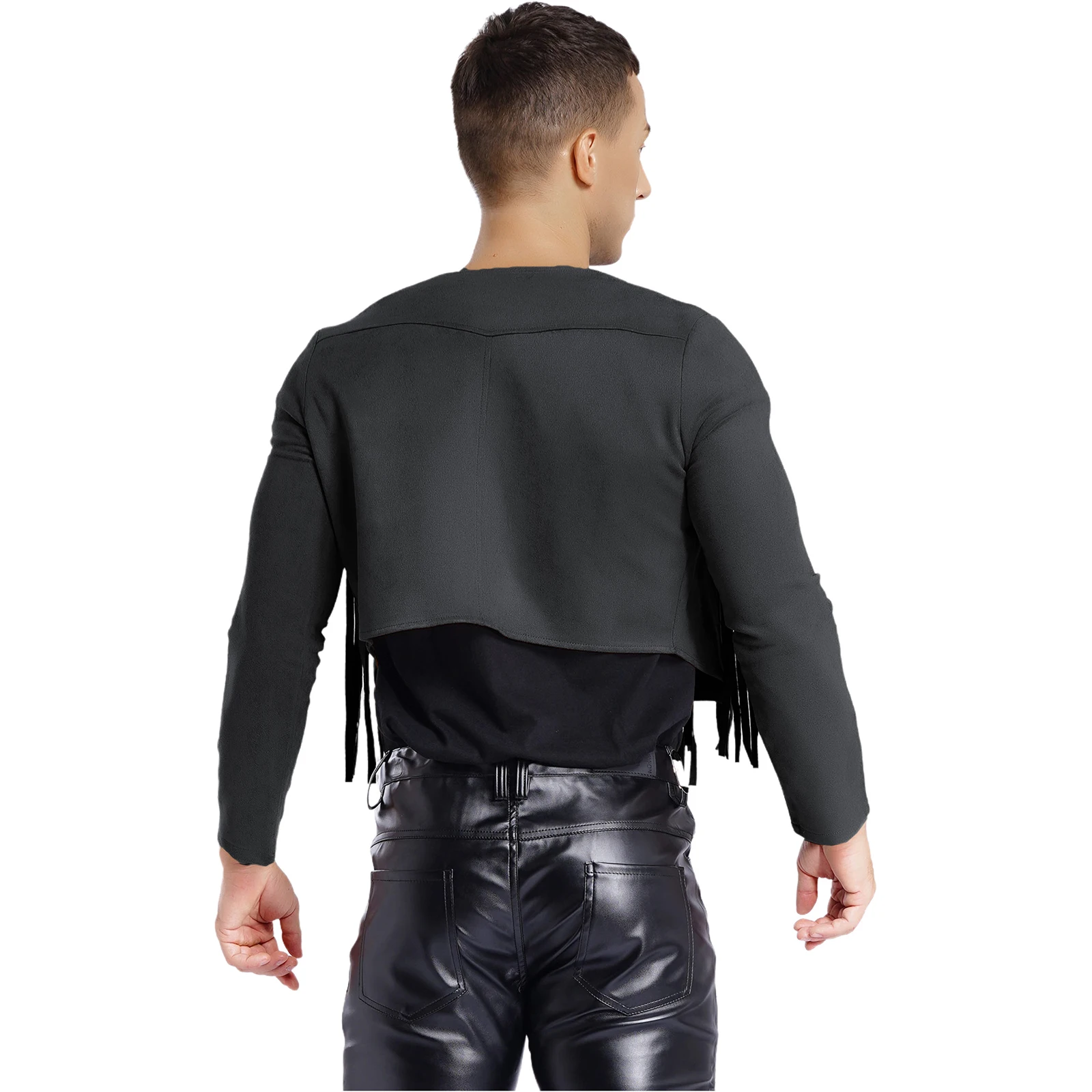 Cardigan in pelle scamosciata vintage alla moda da uomo Halloween Western Cowboy Cosplay Crop Jackets Gilet con nappa folclórica hippie a maniche lunghe