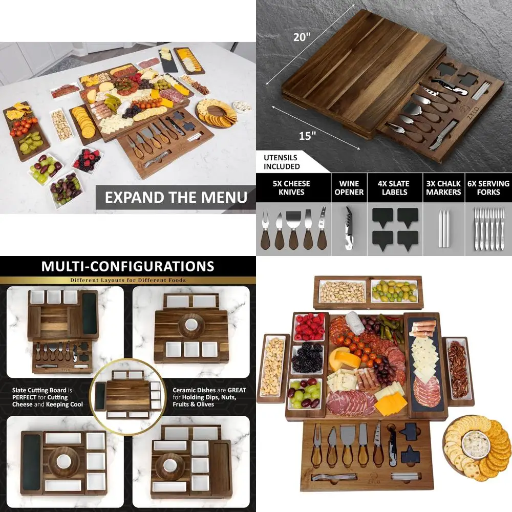 

Large Acacia Wood Cheese & Slate Serving Set with Ceramic Dishes and Magnetic Knife Tray