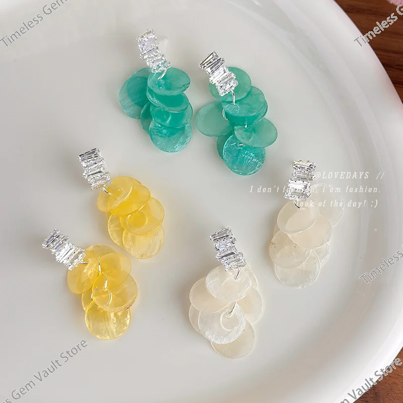 

Transparent Colorful Shell Round Piece Tassel Earrings Women Summer Beach Vacation Style Trendy Fashion Drop Earrings